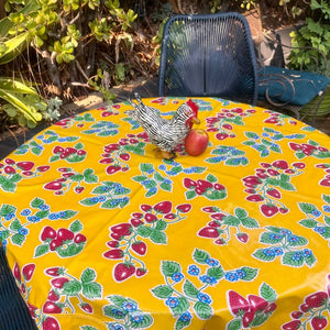 Forever Strawberry Yellow 68" Round Oilcloth Tablecloth
