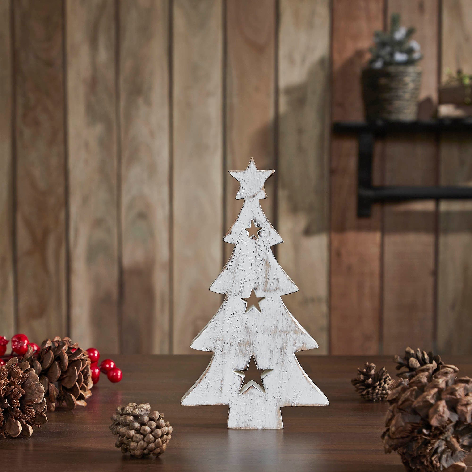 Christmas Tree w/ Stars White Wooden Figurine