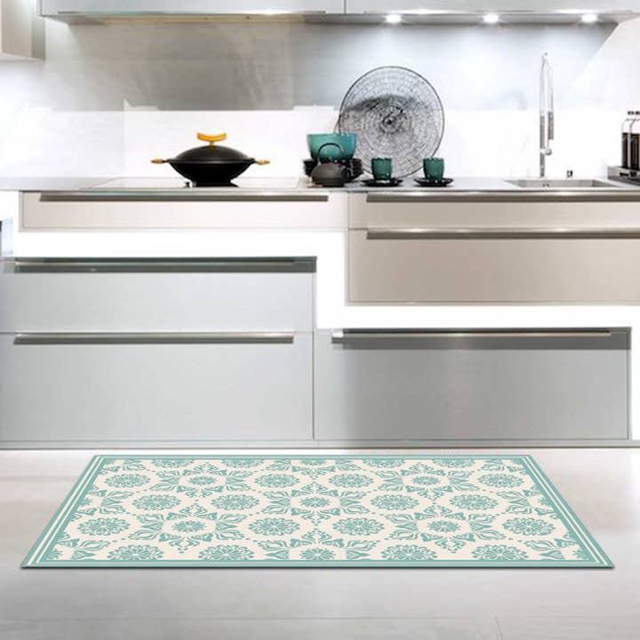 Turquoise Flower Vinyl Floor Mat