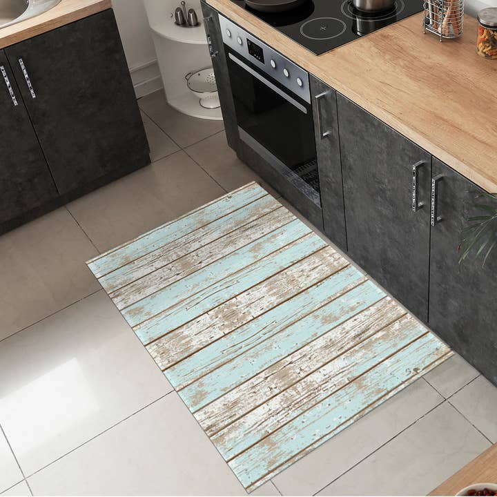 Vintage Blue Faux Wood Vinyl Floor Mat