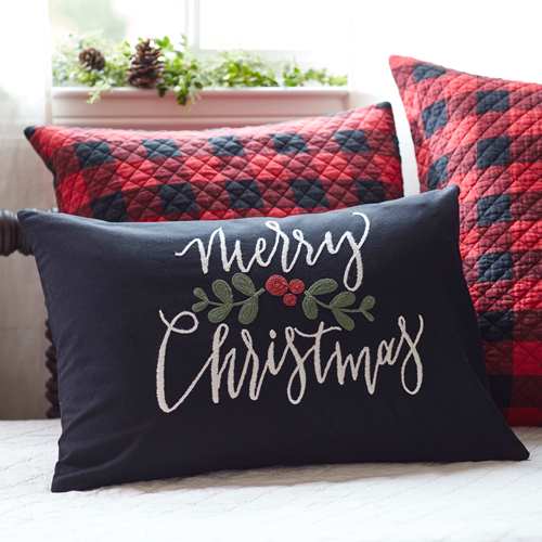 Merry Christmas Embroidered Black Linen Pillow