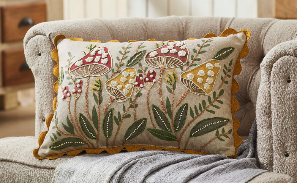 Embroidered Woodland Mushrooms Pillow