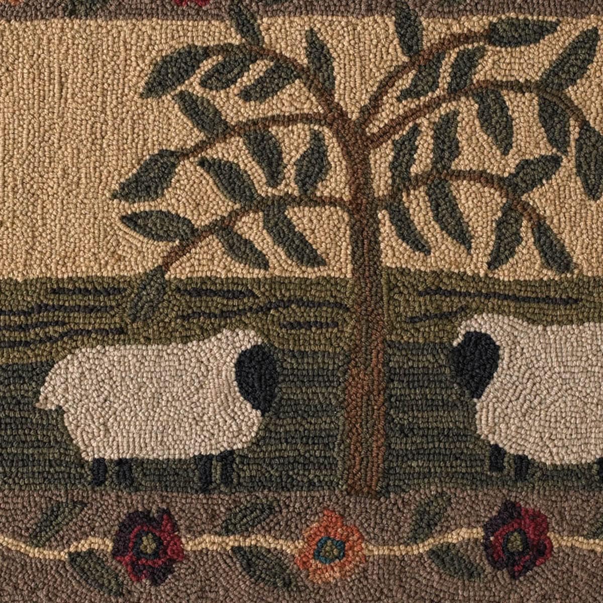 Willow and Sheep Hooked Rug 24" x 36"