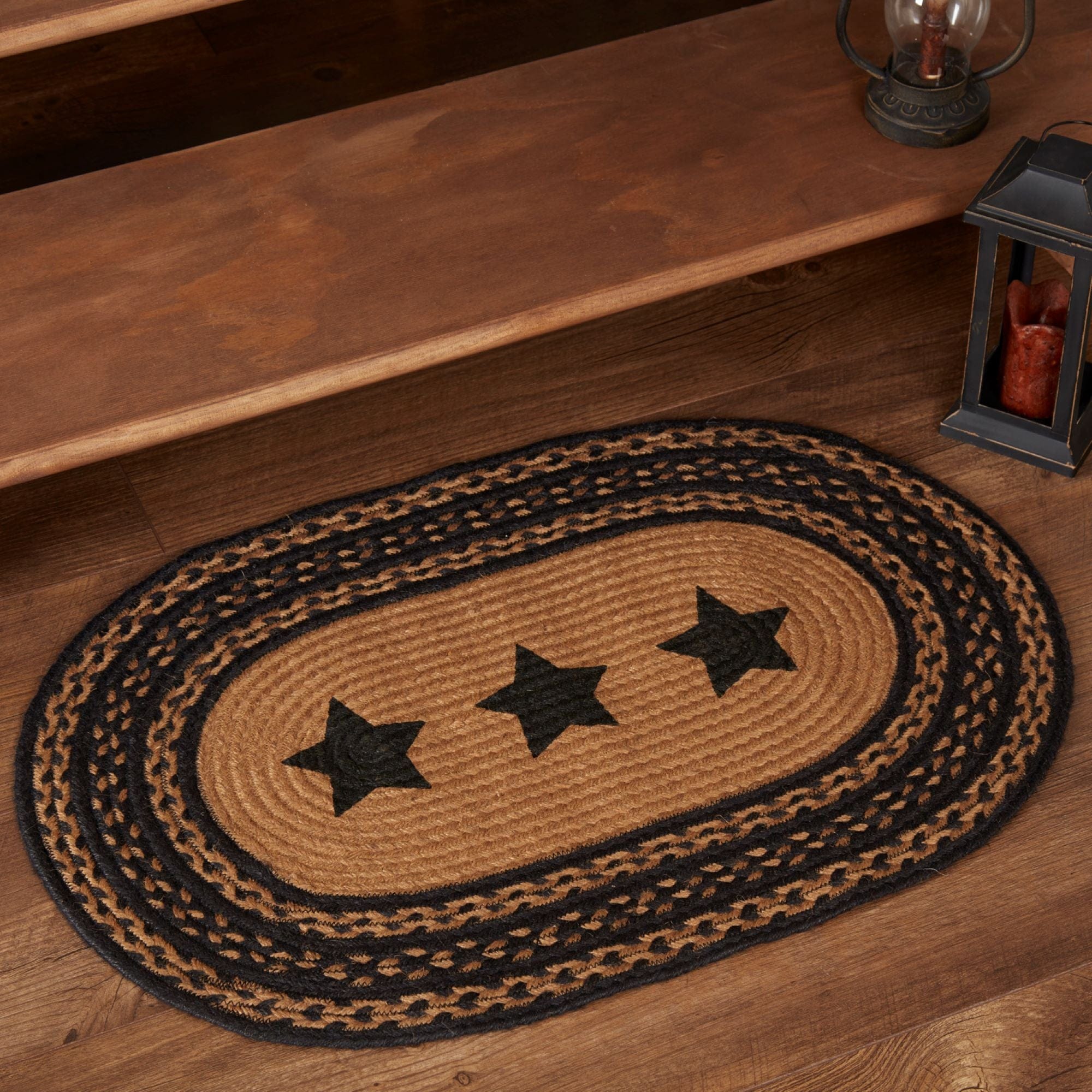 Farmhouse Oval Stencil Star Braided Jute Rug - Retro Barn Country Linens