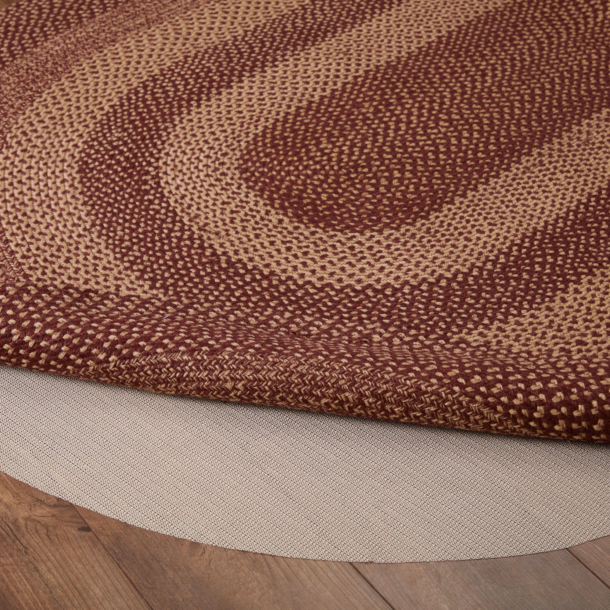 Burgundy Tan Oval Braided Rug w/ Pad