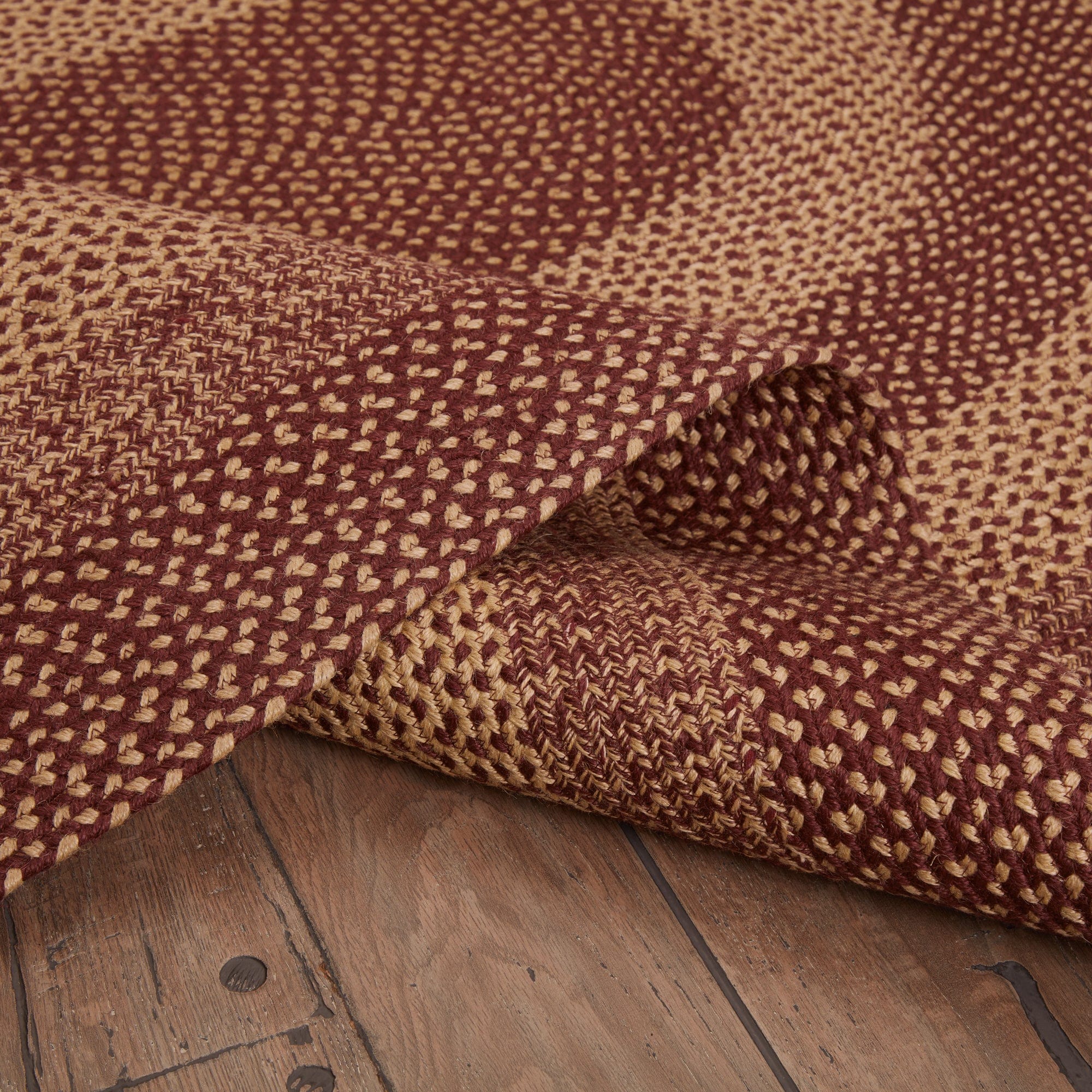 Burgundy Tan Oval Braided Rug w/ Pad