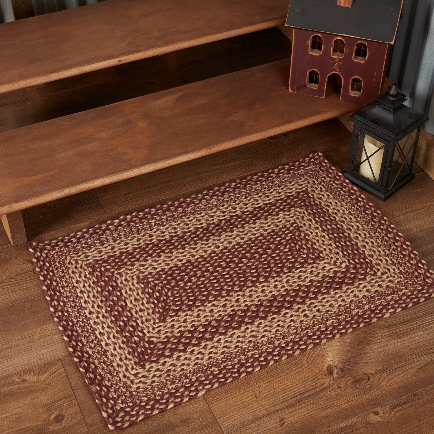 Burgundy Tan Rectangle Braided Rug w/ Pad