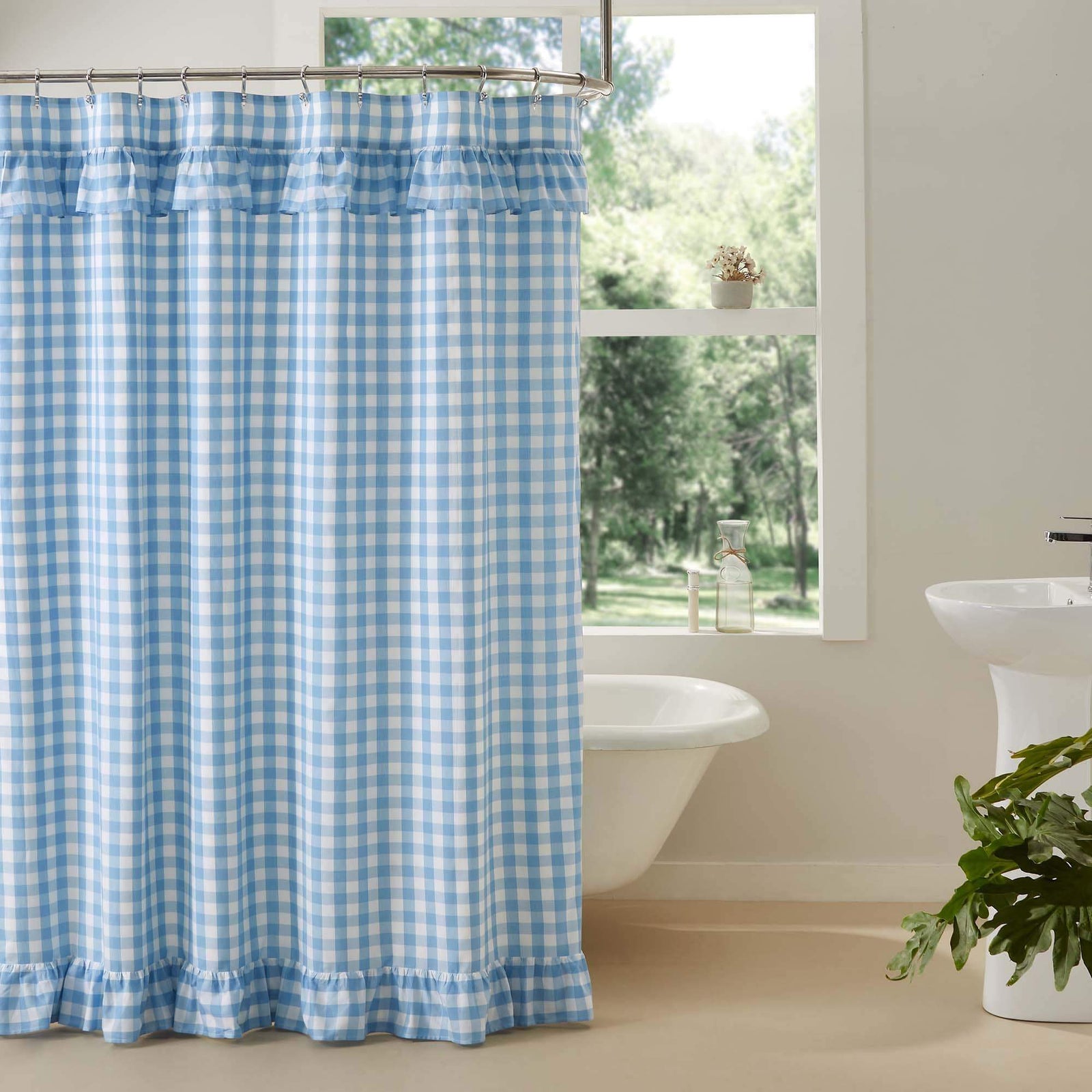 Annie Blue Buffalo Check Ruffled Shower Curtain