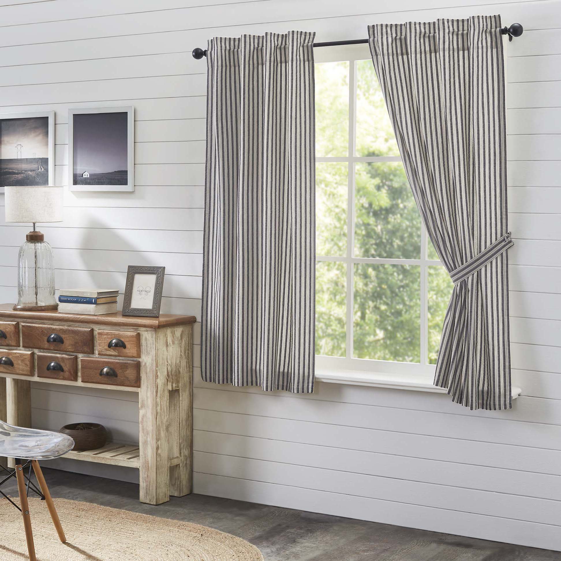 VHC Brands Farmhouse Ticking Stripe Curtain Panel Pair – 63x36 Inches, Blue & White, Rod Pocket, Light Filtering