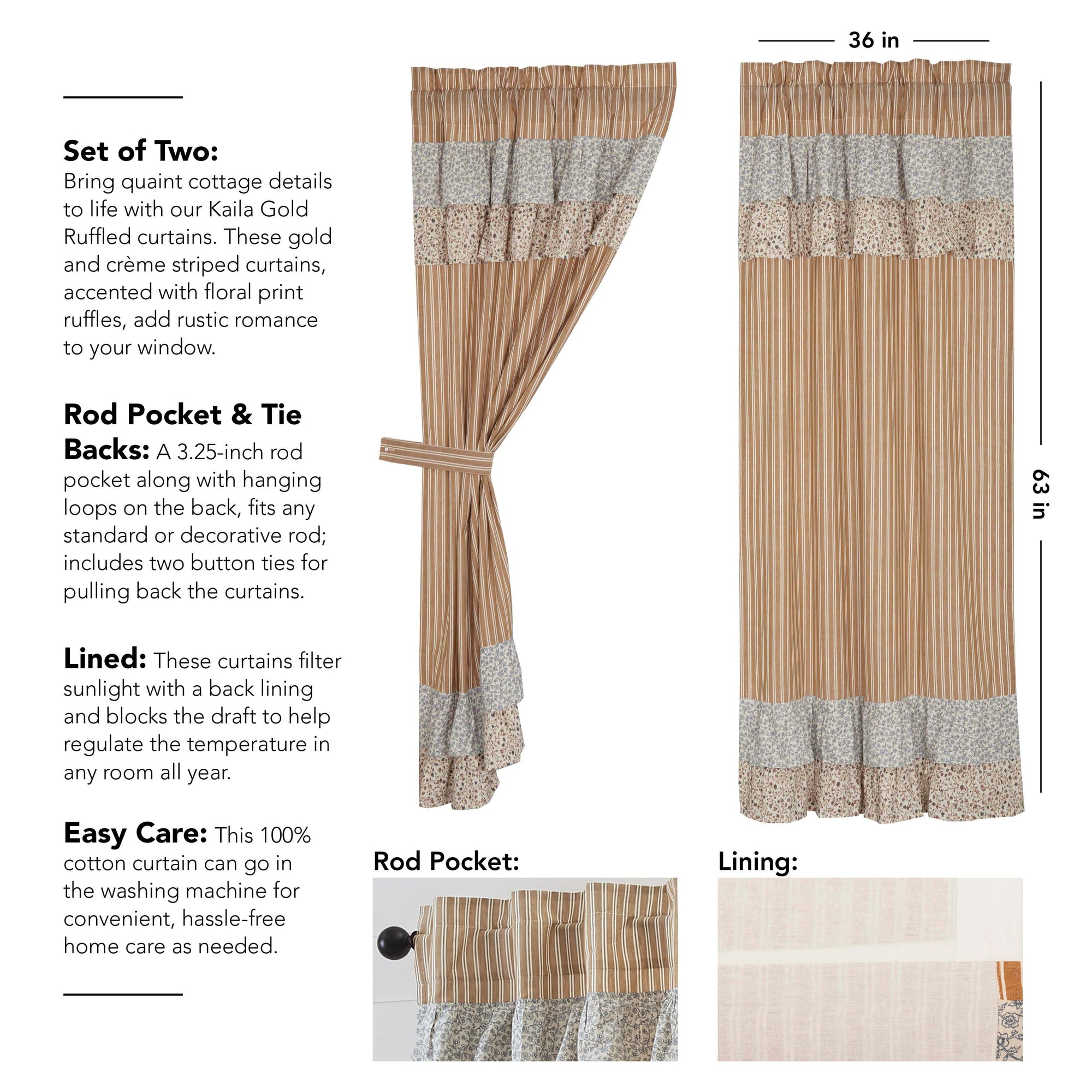 Kaila Gold Ticking Ruffled 63" Panel Set