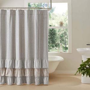 Kaila Blue Ticking Stripe Ruffled Shower Curtain