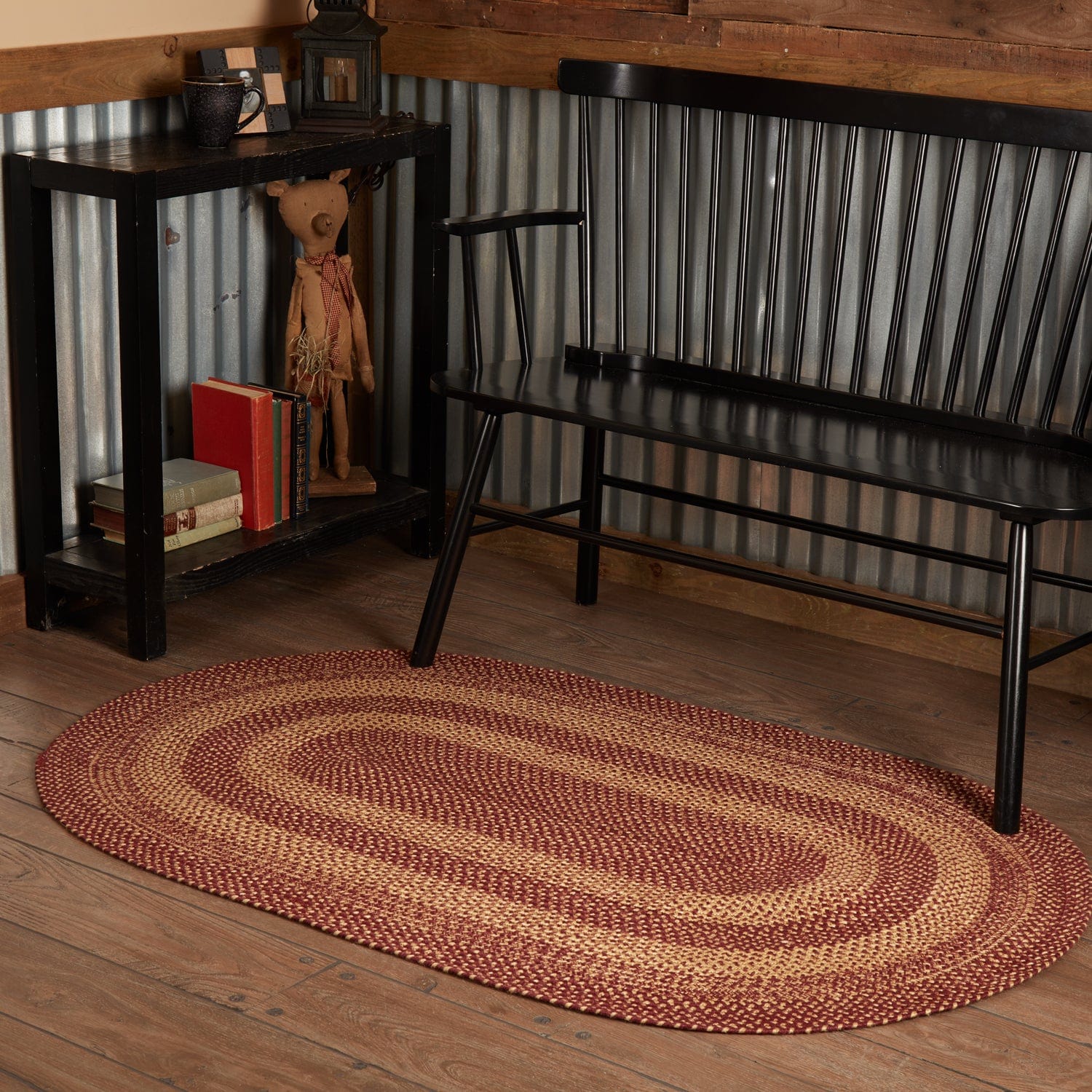 Burgundy Tan Oval Braided Rug