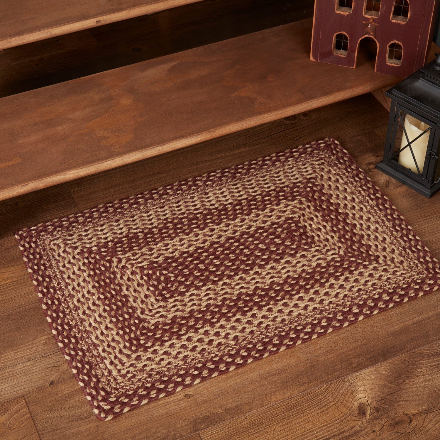 Burgundy Tan Rectangle Braided Rug w/ Pad