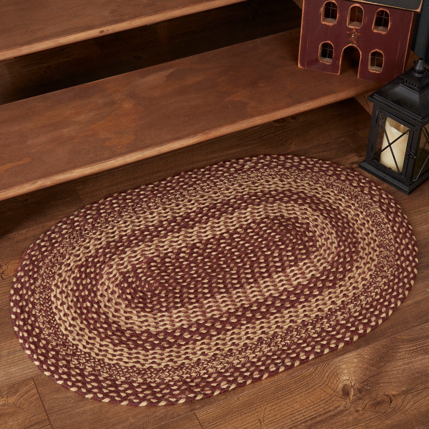 Burgundy Tan Oval Braided Rug