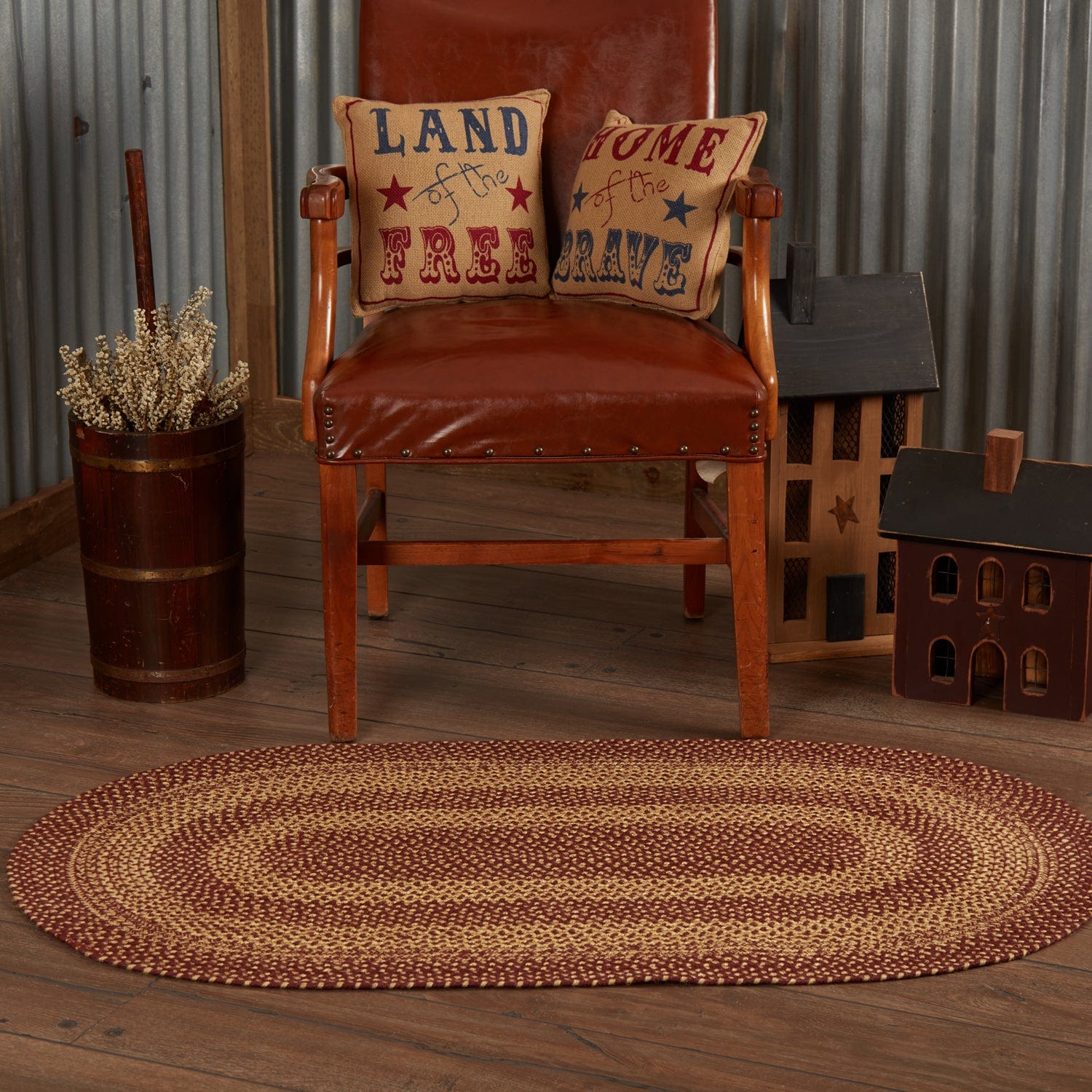 Burgundy Tan Oval Braided Rug w/ Pad