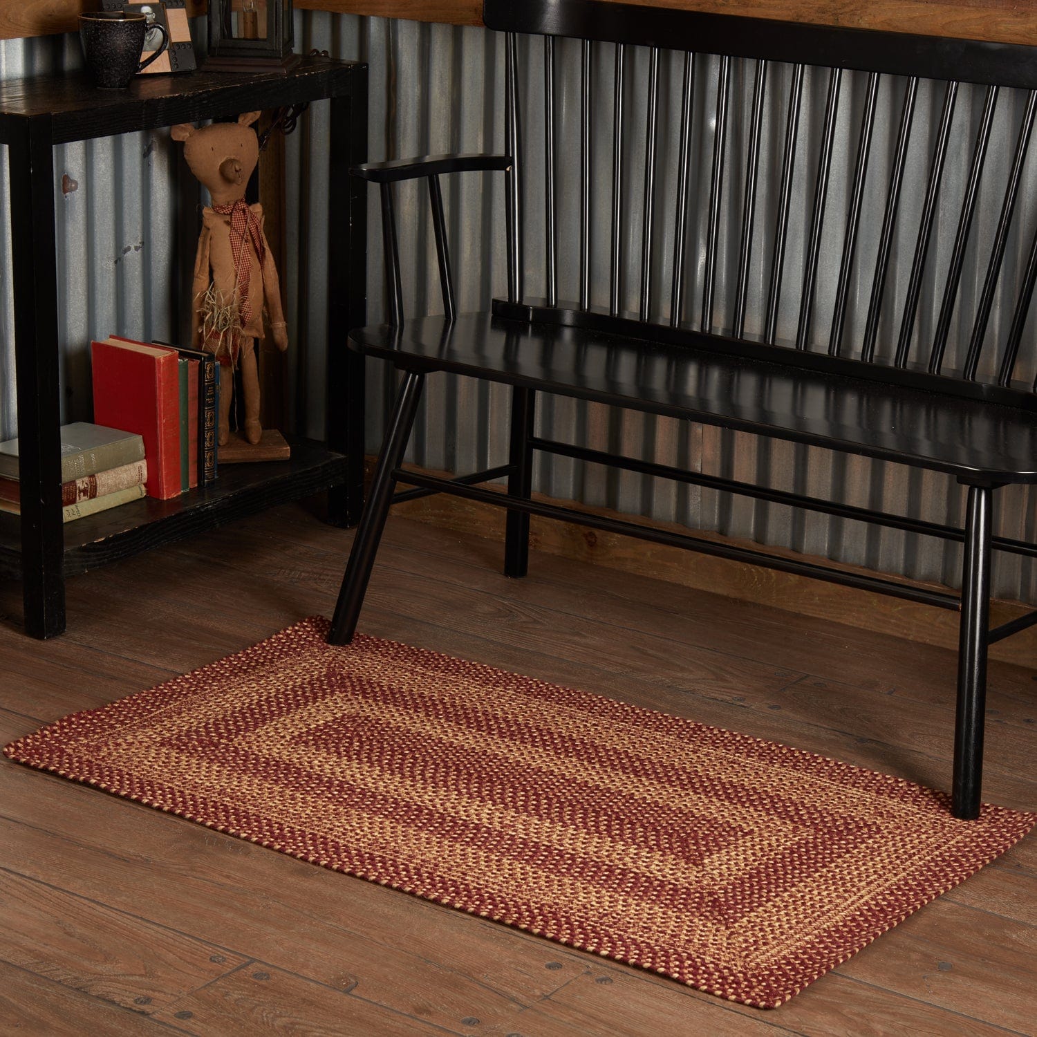 Burgundy Tan Rectangle Braided Rug w/ Pad