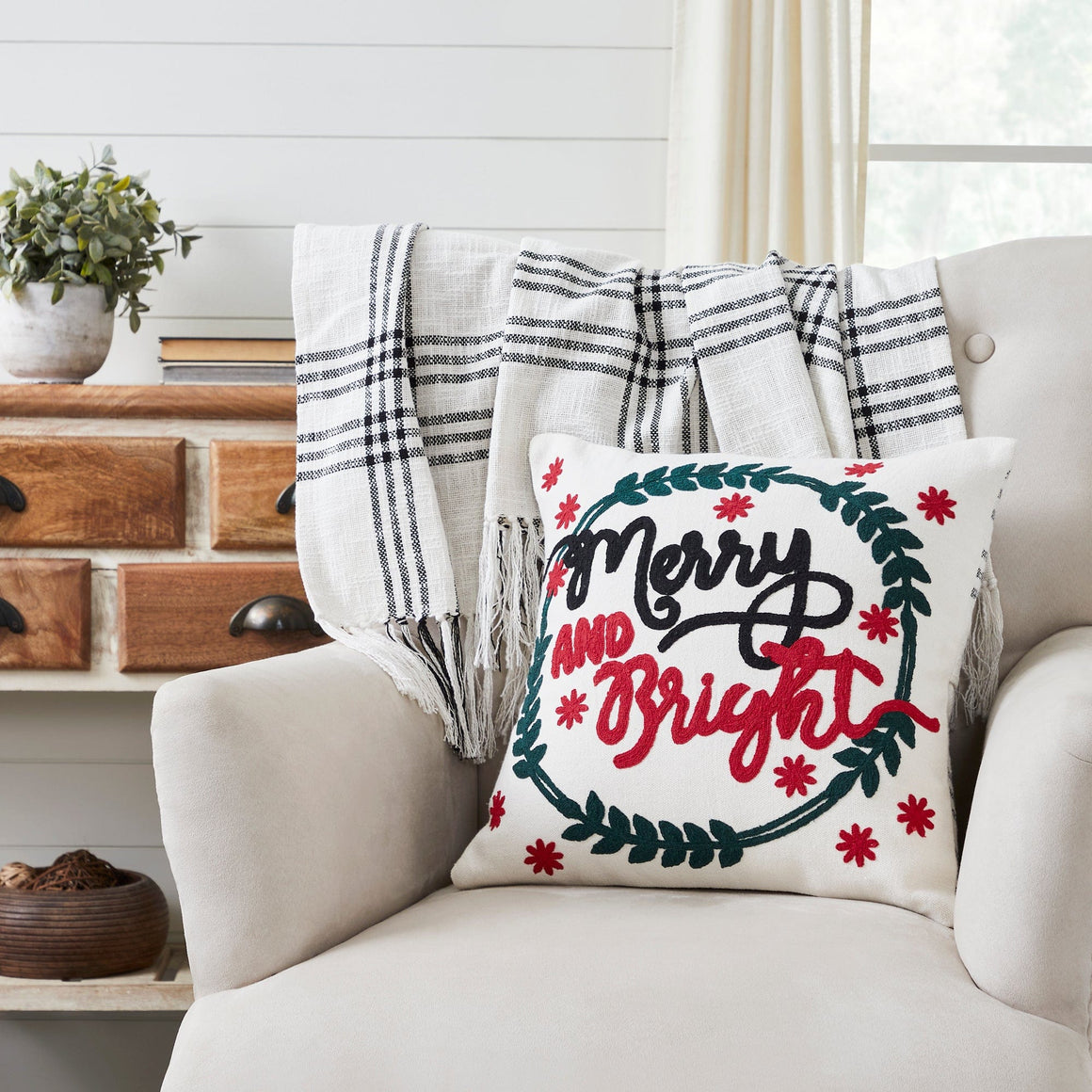 Merry and Bright Embroidered Pillow