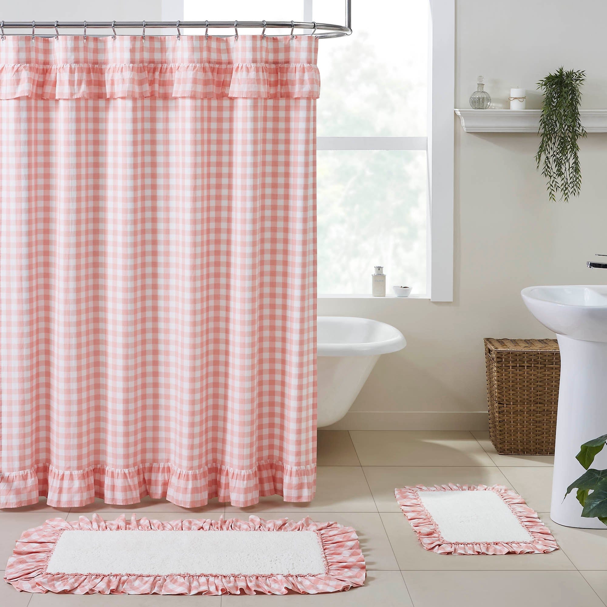 Annie Coral Buffalo Check Ruffled Shower Curtain