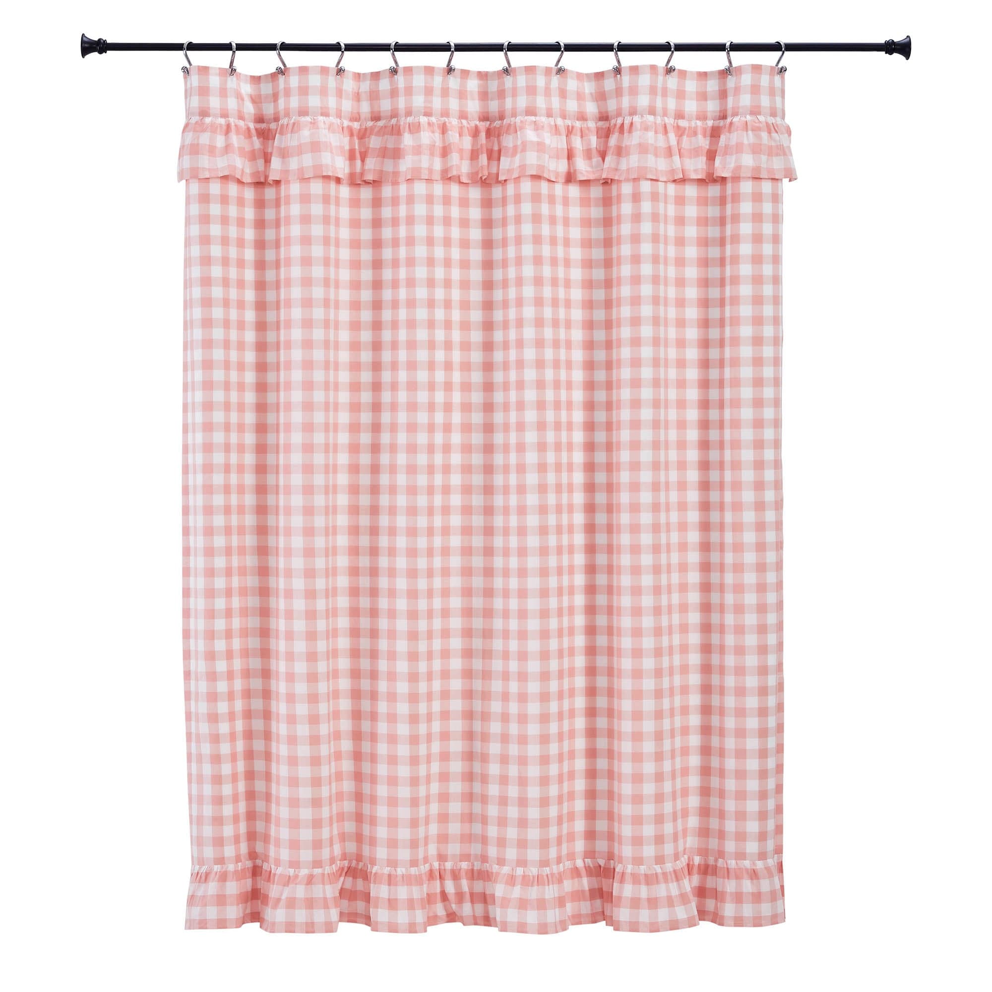 Annie Coral Buffalo Check Ruffled Shower Curtain