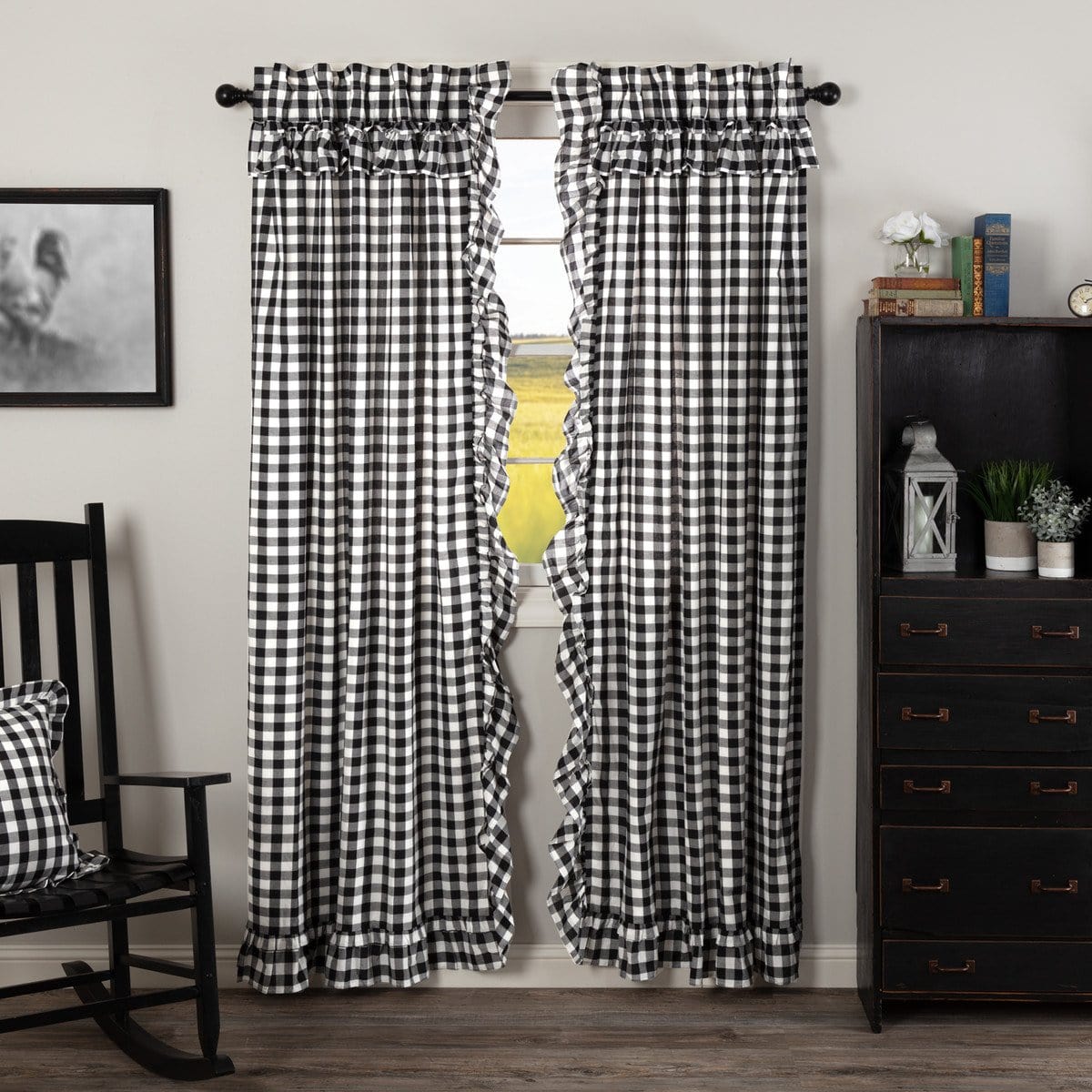 Annie Buffalo Check Ruffled 84" Panel Set - Black