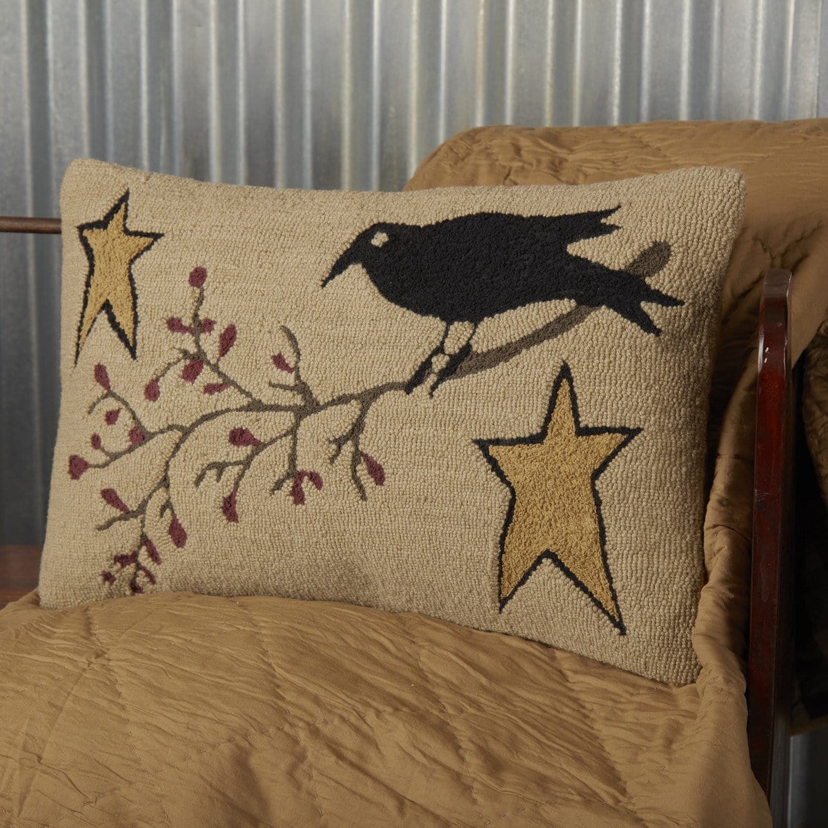 Kettle Grove Crow and Star Hooked Pillow