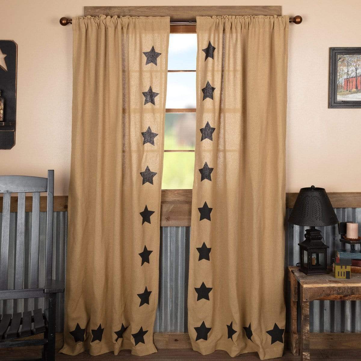 Burlap Natural Black Stencil Star 84" Panel Set