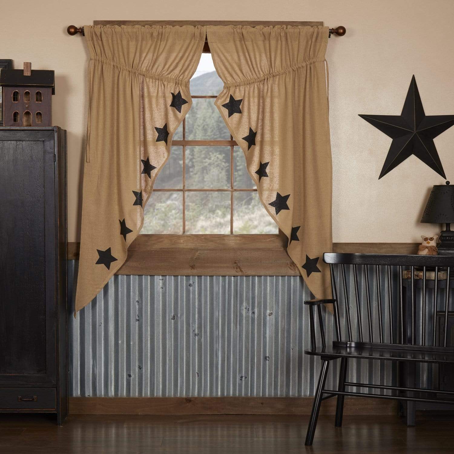 Burlap Natural Black Stencil Star Prairie Curtain