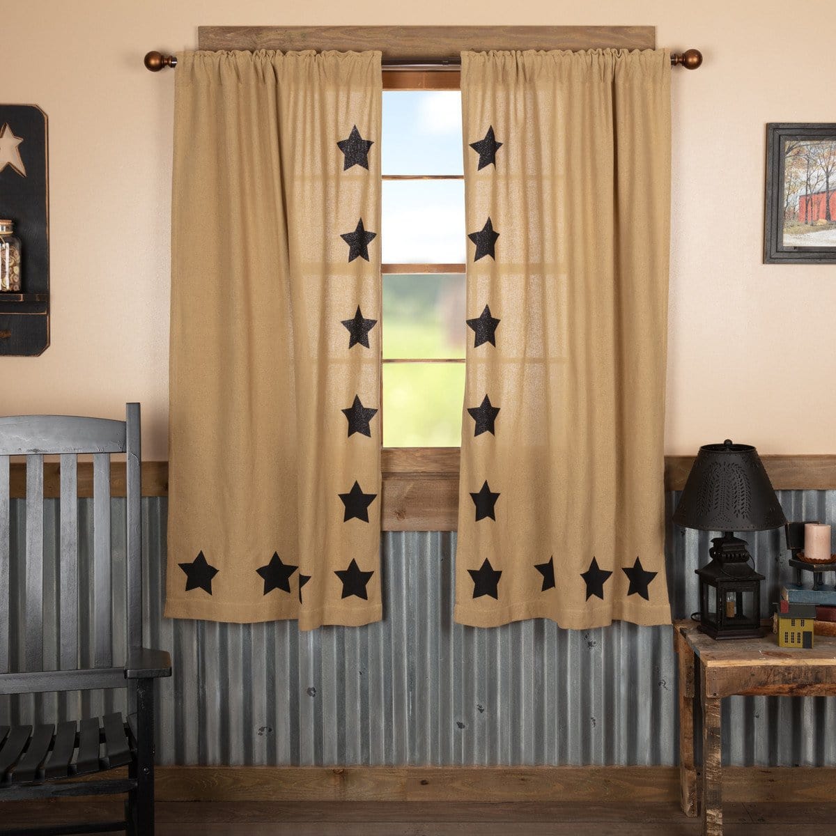 Burlap Natural Black Stencil Star 63" Panel Set