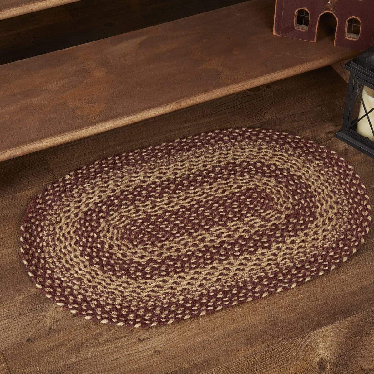 Burgundy Tan Oval Braided Rug