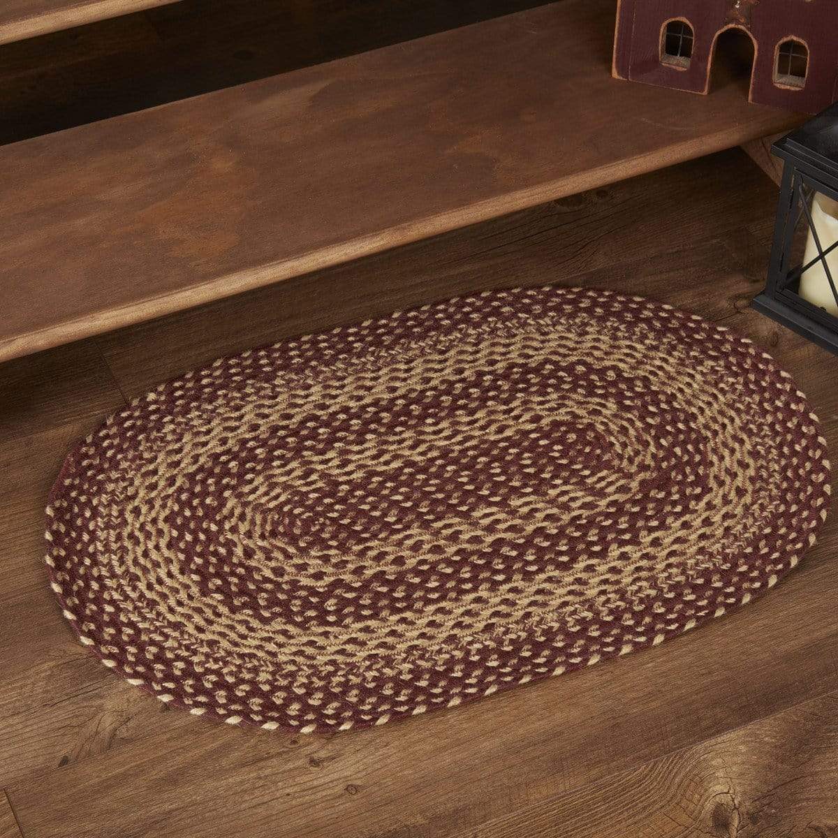 Burgundy Tan Oval Braided Rug