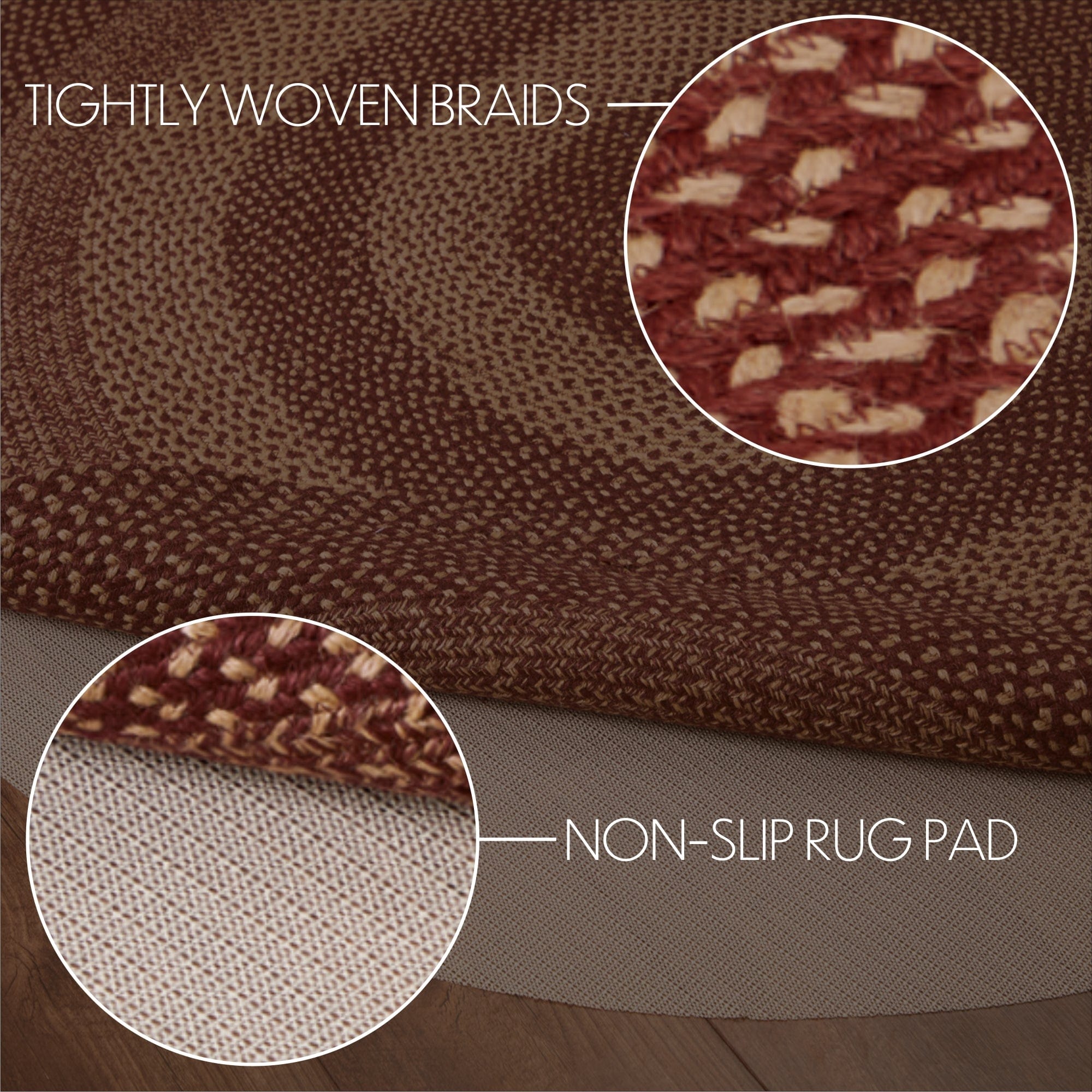 Burgundy Tan Oval Braided Rug w/ Pad