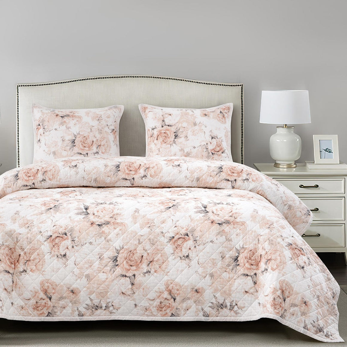 Vintage Rose Floral 100%Cotton 3-Piece Reversible Quilt Set, Bedspread,  Coverlet