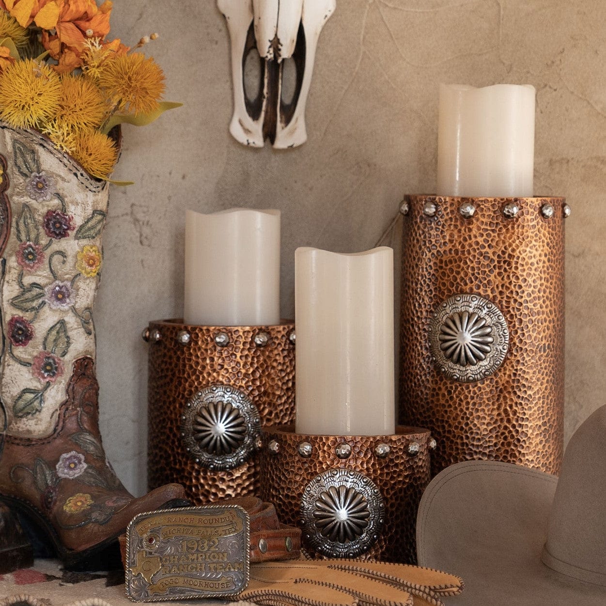 Faux Hammered Copper Candle Holder Set